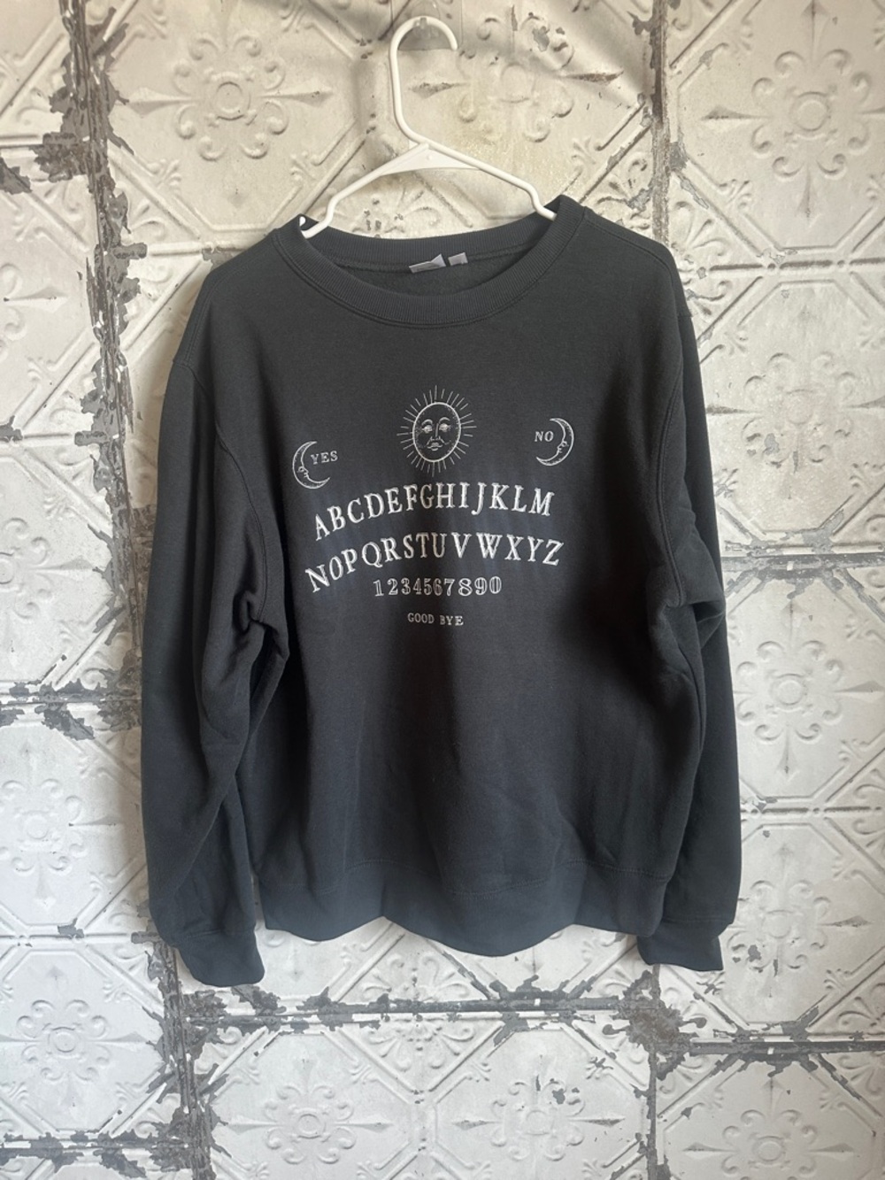 Black Graphic Crewneck Sweater with Alphabet Ouija Design